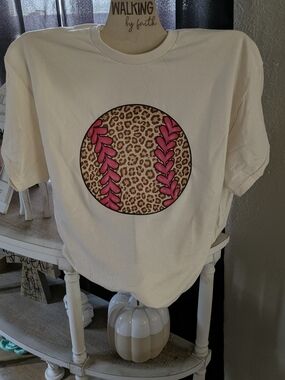 Gildan Cream Tee with Leopard Softball and Pink Stitching